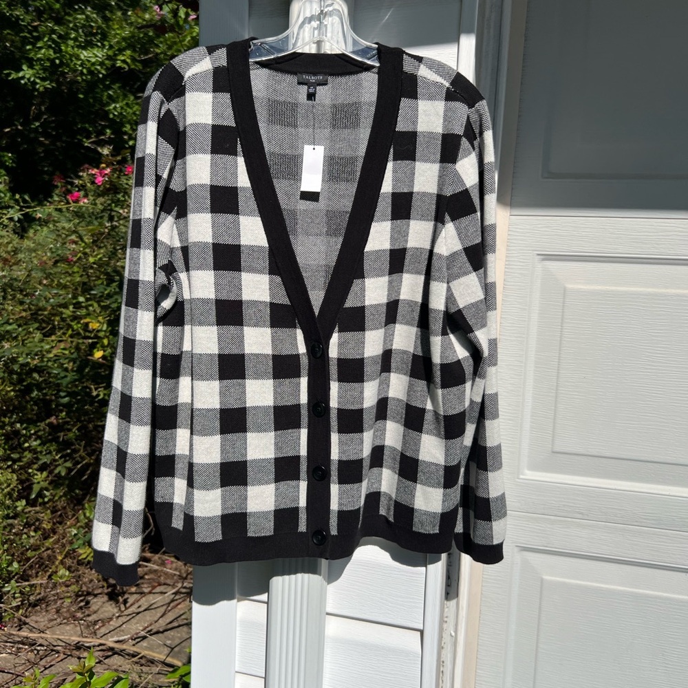 NWT Talbots Fun Black White Check V-Neck Long Sleeve Cardigan